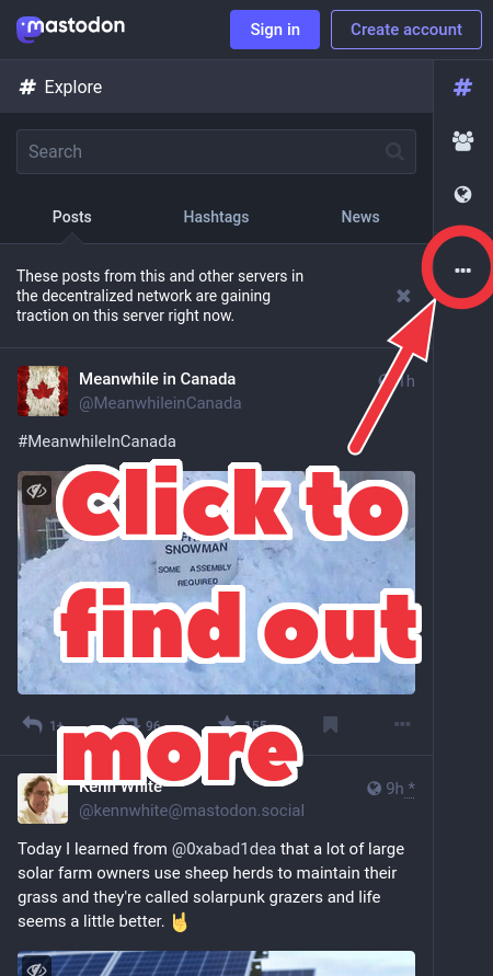 Screenshot of Mastodon server's mobile site with the Learn More icon highlighted on the right.